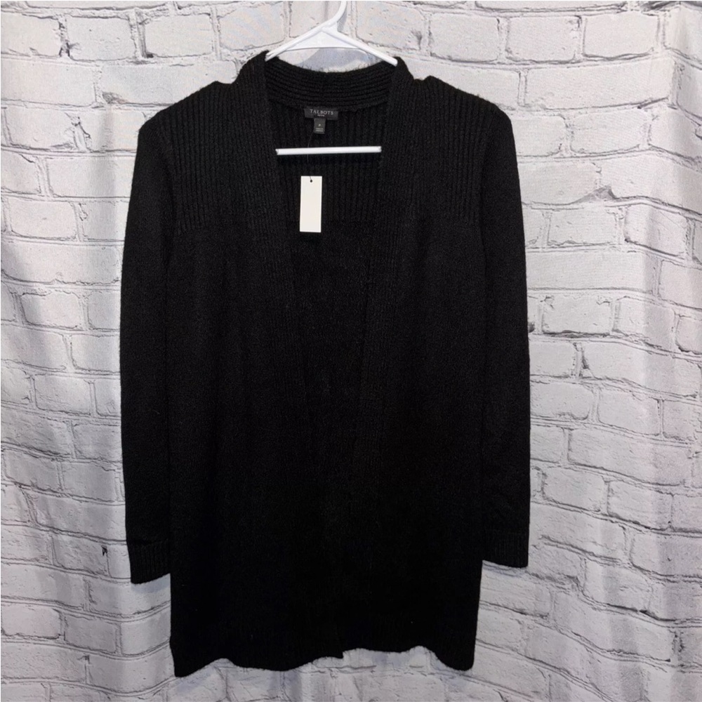 Talbots Open Front Cardigan Duster Sweater Long Sleeve Black Size P $119 NWT